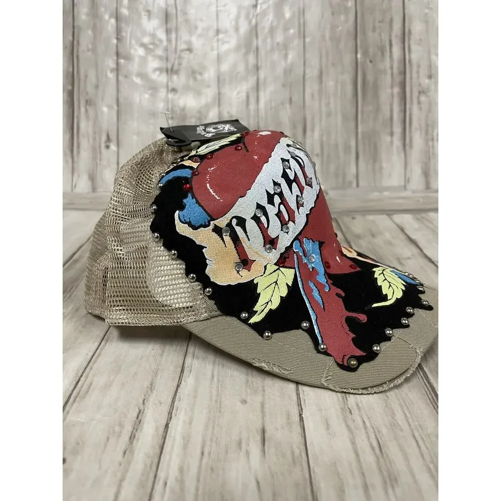 Bulzeye Hat Mens Beaded Cap Tease Me Print Heart Embroidered Ripped Khaki A4